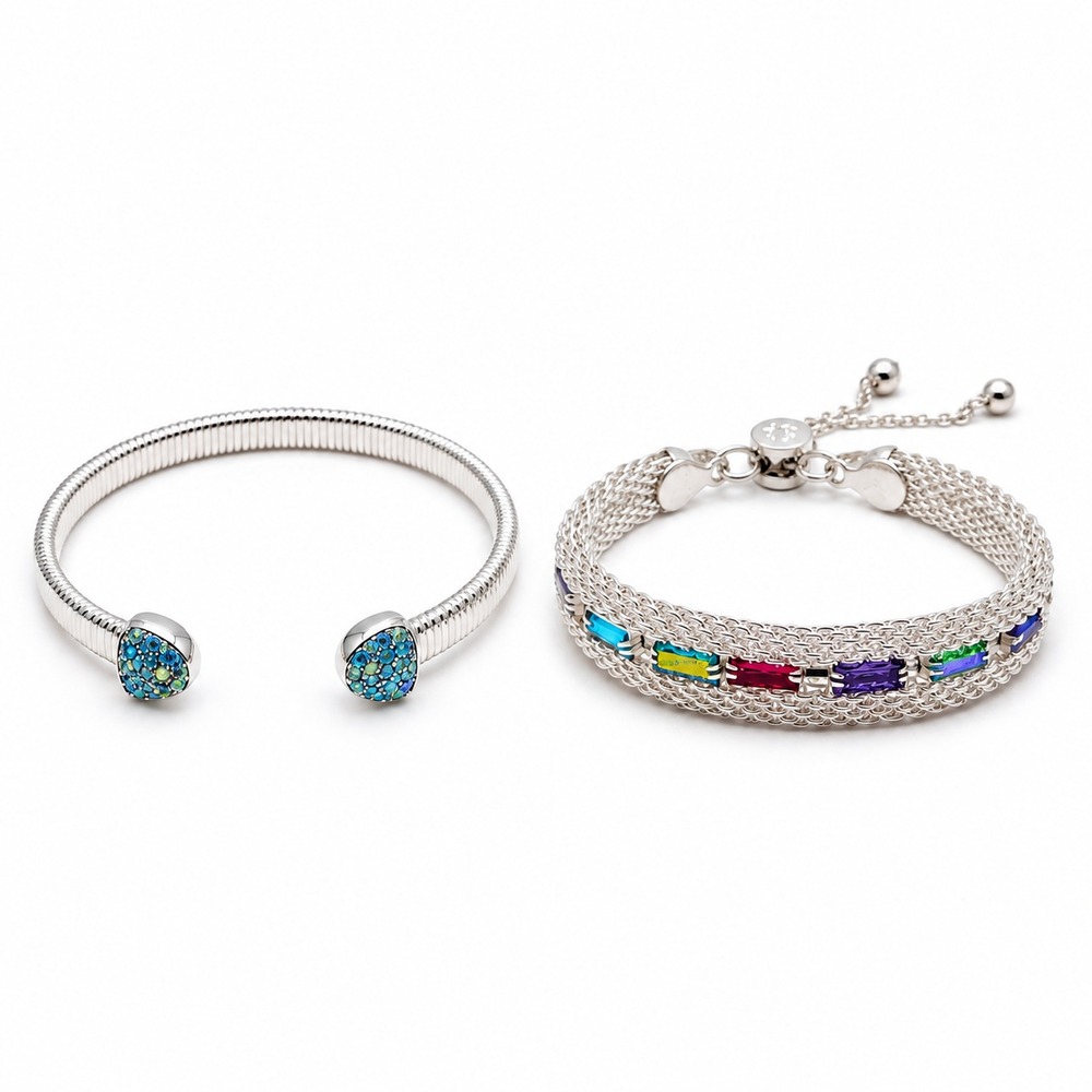 Ring Bomb Party Bracelet Stack Silver Tone Multicolor Crystal Cuff Mesh Set
